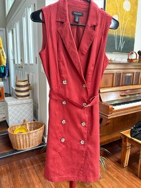 White House Black Market Linen Trench Dress Belted Sleeveless Double Breasted 2